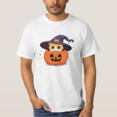 Kat met heks pet in Halloween Jack-O-Lantern T-shirt (Voorkant)