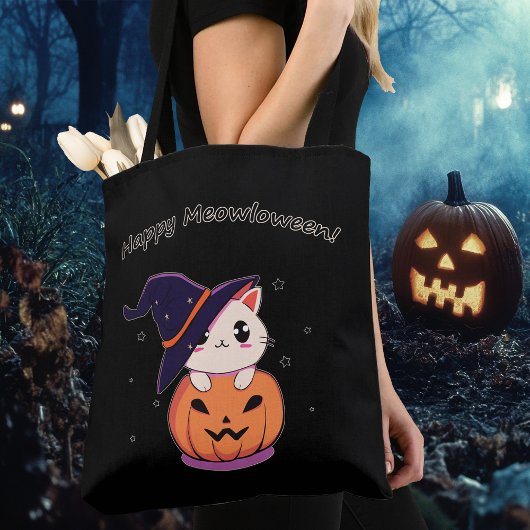 Kat met heks pet in Halloween Jack-O-Lantern Tote Bag