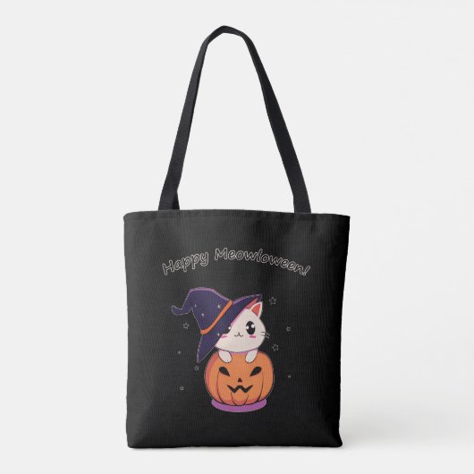 Kat met heks pet in Halloween Jack-O-Lantern Tote Bag (Achterkant)