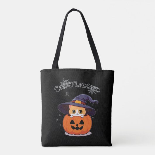 Kat met heks pet in Halloween Jack-O-Lantern Tote Bag (Achterkant)