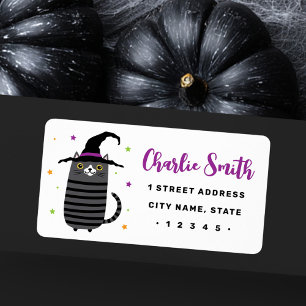 Kat met heks pet leuk Halloween retour adres Etiket
