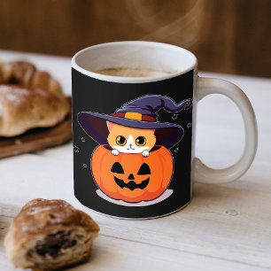 Kat met heksenhoed in Halloween Jack-O-Lantern Koffiemok