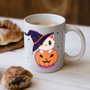 Kat met heksenhoed in Halloween Jack-O-Lantern Koffiemok
