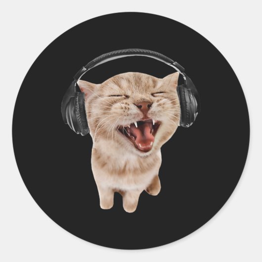 Kat met hoofdtelefoon meme ronde sticker (Voorkant)