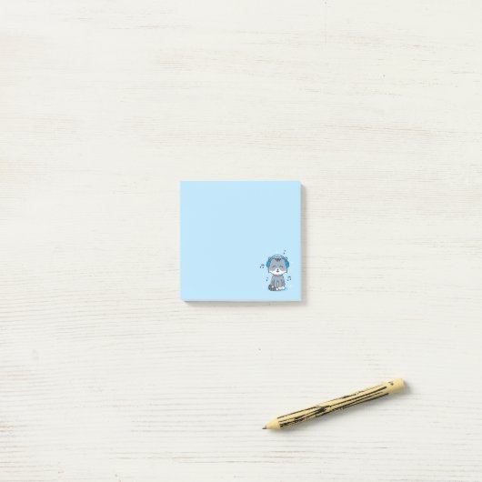 Kat met hoofdtelefoon Post it Notes/Blue Post-it® Notes (Op bureau)