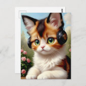 Kat met hoofdtelefoon -  schilderen. briefkaart (Voorkant / Achterkant)