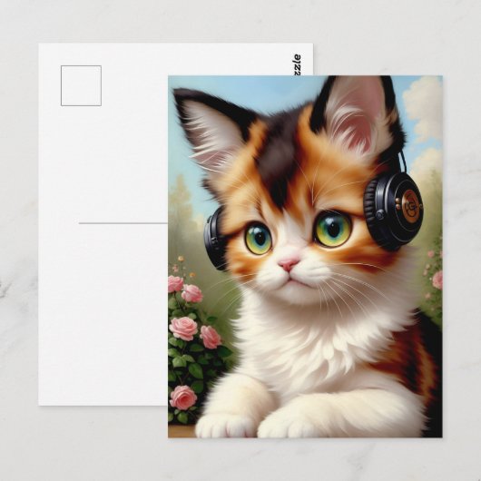 Kat met hoofdtelefoon - schilderen. briefkaart (Voorkant / Achterkant)