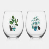 Kat met Huis Planten Waterverf Wijnglas Zonder Voet (Voorkant)