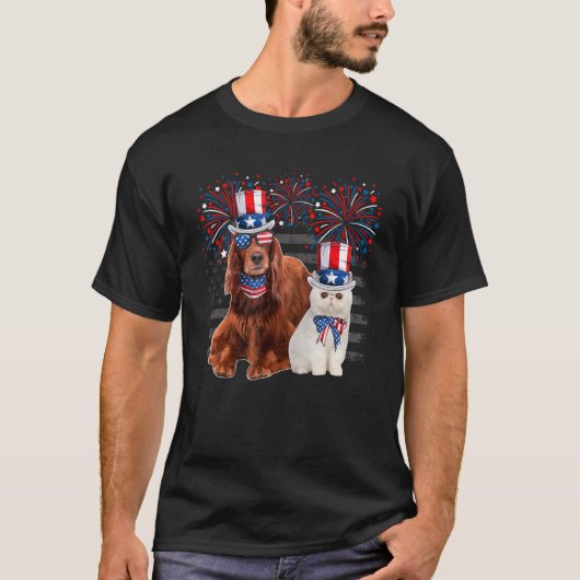 Kat met Ierse setter zonnebril Amerikaanse vlag 4d T-shirt (Voorkant)
