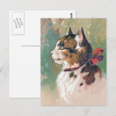 Kat met  illustratie rood lint briefkaart (Voorkant / Achterkant)