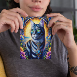 Kat met juwelen in levendige fantasietuin briefkaart
