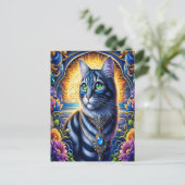 Kat met juwelen in levendige fantasietuin briefkaart (Staand voorkant)