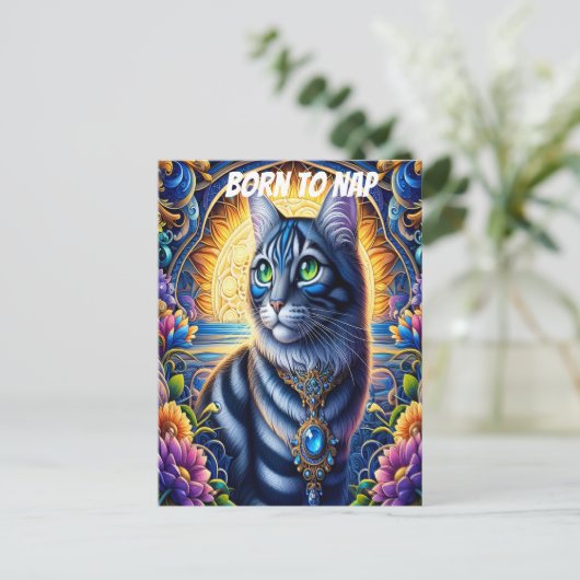 Kat met juwelen in levendige fantasietuin briefkaart (Staand voorkant)