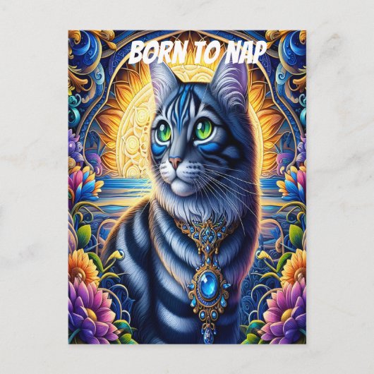 Kat met juwelen in levendige fantasietuin briefkaart (Voorkant)