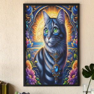 Kat met juwelen in levendige fantasietuin poster