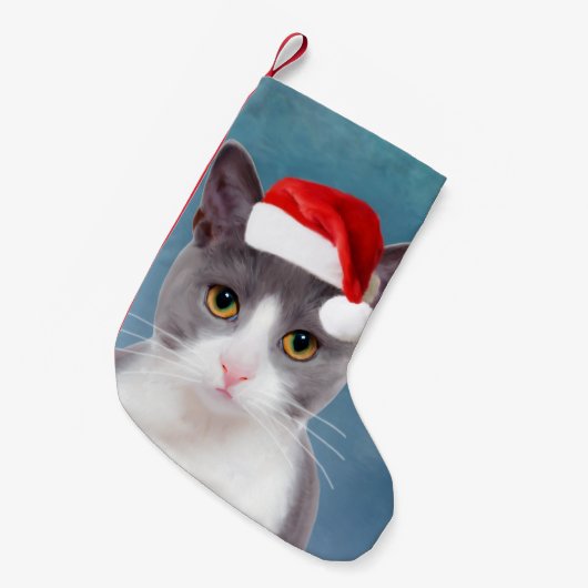 Kat met kerstcadeau voor kerstmis kleine kerstsok (Voorkant (Hangend))
