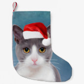 Kat met kerstcadeau voor kerstmis kleine kerstsok (Voorkant)