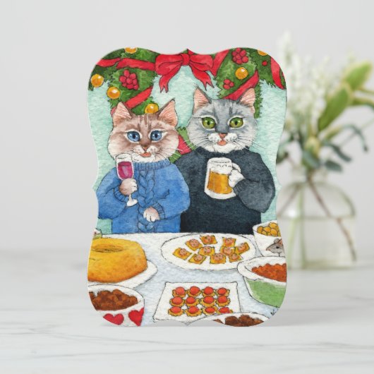 Kat met kerstfeestkaart of uitnodiging (Staand voorkant)