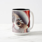 Kat met Kerstman Hoed Kerstmis Tweekleurige Koffiemok (Voorkant rechts)