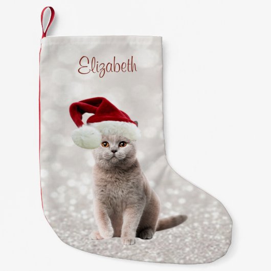 Kat met kerstmannenhoed, glinsterende bokeh kleine kerstsok (Voorkant)