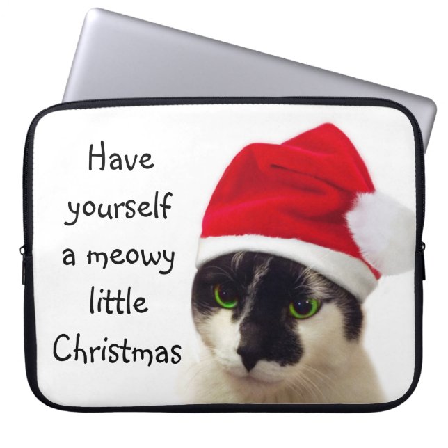 Kat met Kerstmannenhoed Laptop Sleeve (Voorkant)