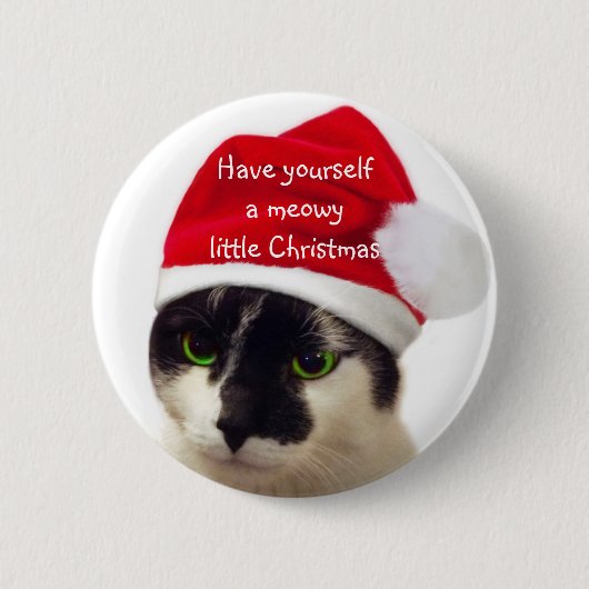 Kat met Kerstmannenhoed Ronde Button 5,7 Cm (Voorkant)