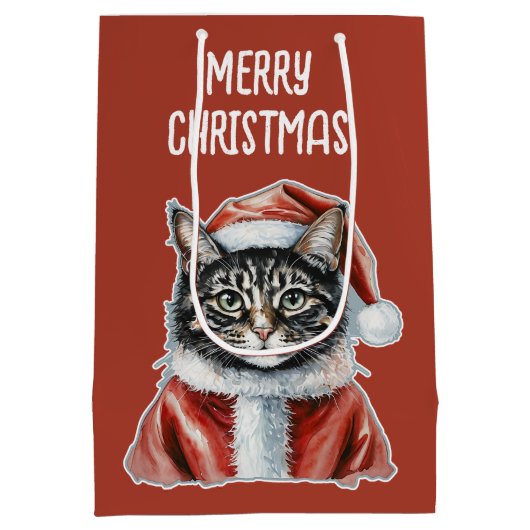 Kat met kerstmanoutfit - Kerstmis 1 Medium Cadeauzakje (Achterkant)
