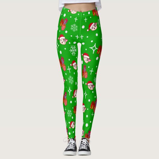 Kat met kerstmis Groene Leggings (Voorkant)