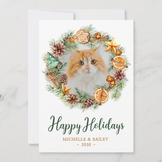 Kat met kerstmis Wreath Feestdagenkaart (Voorkant)