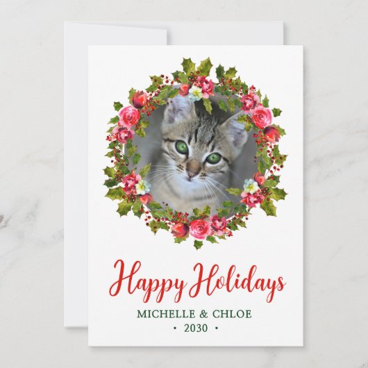 Kat met kerstmis Wreath Feestdagenkaart (Voorkant)