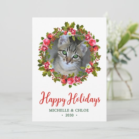 Kat met kerstmis Wreath Feestdagenkaart (Staand voorkant)