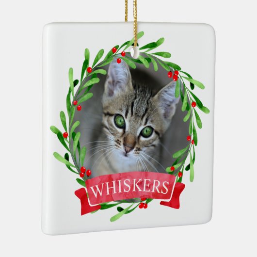 Kat met kerstmis Wreath Keramisch Ornament (Rechts)