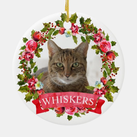 Kat met kerstmis Wreath Keramisch Ornament (Achterkant)