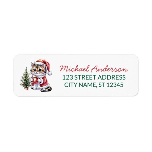 Kat met kerstmuts kerstboom retouradres etiket (Voorkant)