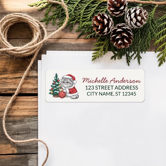 Kat met kerstmuts kerstboom retouradres etiket