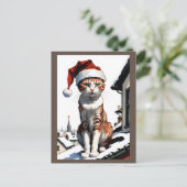 Kat met kerstmuts op het dak briefkaart (Staand voorkant)