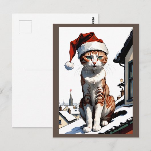 Kat met kerstmuts op het dak briefkaart (Voorkant / Achterkant)
