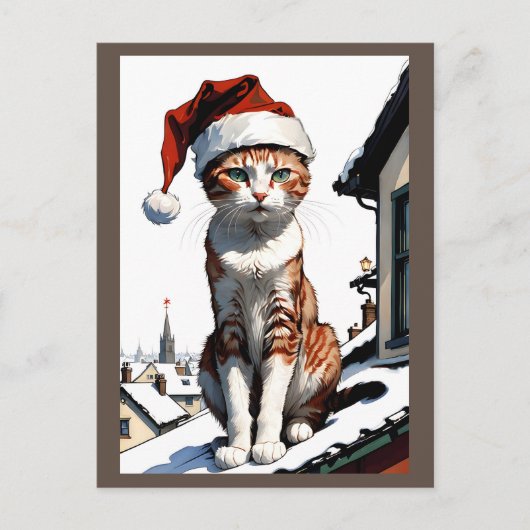 Kat met kerstmuts op het dak briefkaart (Voorkant)