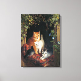 Kat met kittens (dierlijke kunst) canvas afdruk