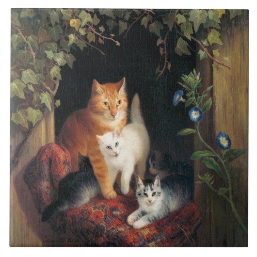 Kat met kittens (dierlijke kunst) tegeltje (Voorkant)