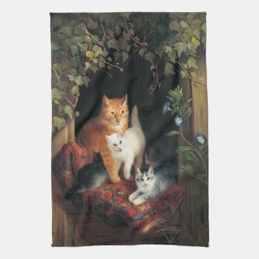 Kat met kittens (dierlijke kunst) theedoek (Verticaal)