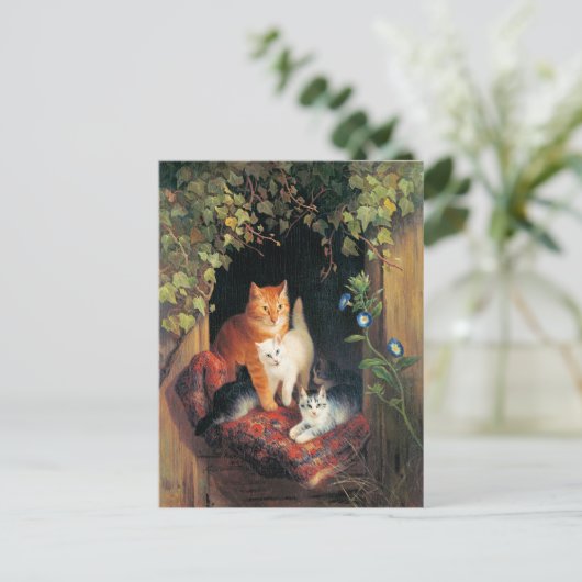Kat met Kittens, fijnschilderij, Briefkaart (Staand voorkant)