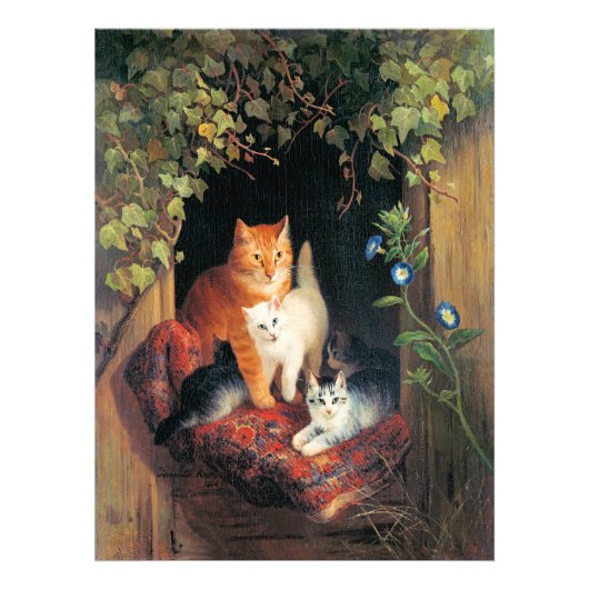 Kat met Kittens, fijnschilderij, Foto Afdruk (Voorkant)