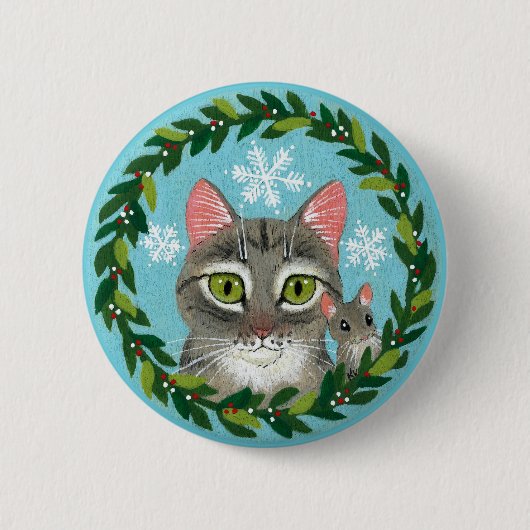 Kat met klauw, wintersneeuwknop met muis ronde button 5,7 cm (Voorkant)