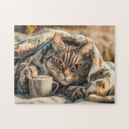 Kat met koffie en boek in een knusse deken legpuzzel