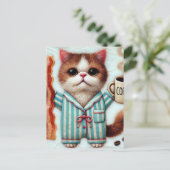 Kat met koffie en spek briefkaart (Staand voorkant)