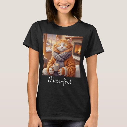 Kat met koffie Gesponnen-effect T-shirt (Voorkant)