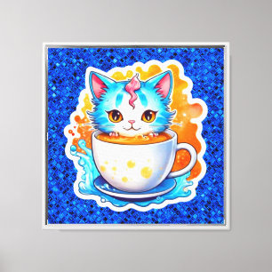 Kat met koffie Mok-94678 Canvas Afdruk