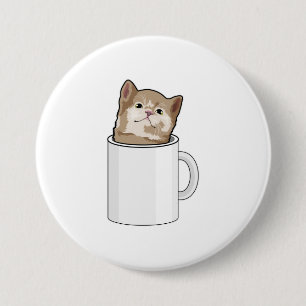 Kat met koffie-mok ronde button 7,6 cm