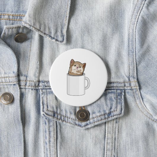Kat met koffie-mok ronde button 7,6 cm (In situ)